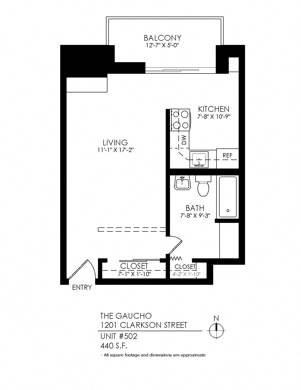 Floor plan for studio, 1 bath, 290 sqft